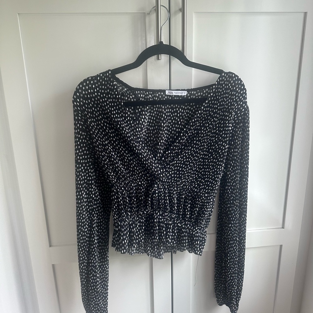 Zara Black and White Smocked Wrap Blouse